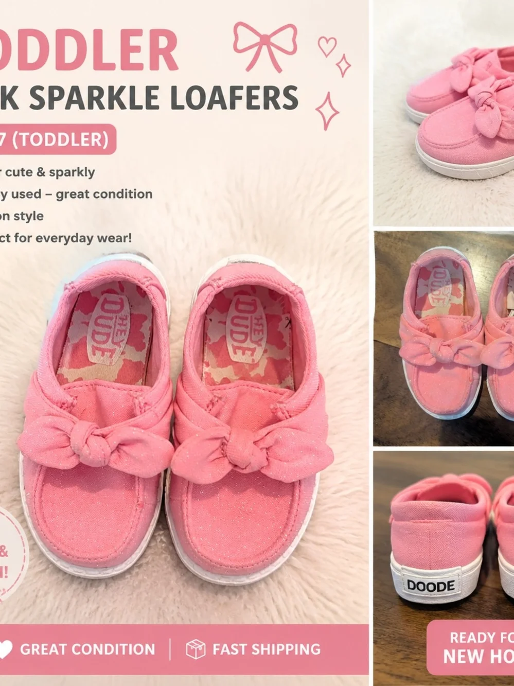 Toddler Pink Sparkle Bow Slip-On Shoes by DOODE